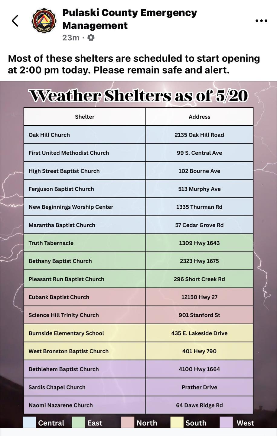 WEATHER SHELTERS as of 5/20