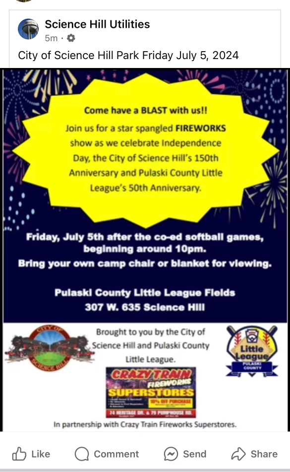 CITY OF SCIENCE HILL PARK FIREWORKS!!!!